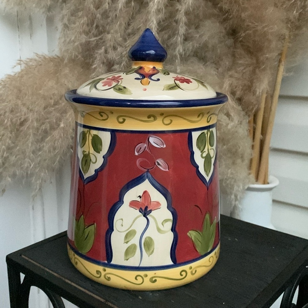 Pier 1 Vallarta Cookie Jar Canister Hand Painted Floral ceramic food storage‎